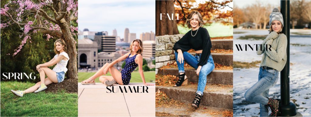 What Time of the Year Should I Take My Senior Photos? Senior girl with photos taken in 4 seasons.